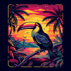 Obraz premium Toucan in front of beach sunset, vector t-shirt design illustration on black background, colorful tropical leaves and palm trees