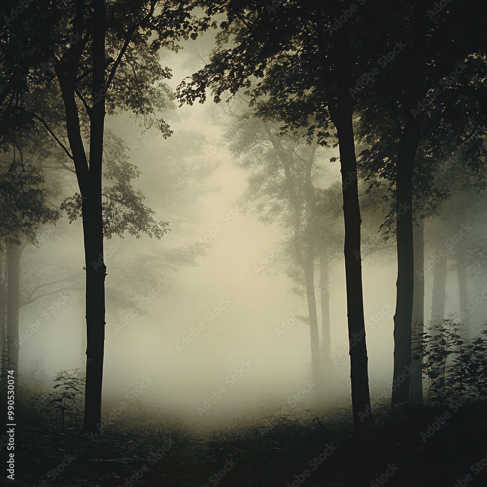 Poster A misty forest path with tall trees on either side. The path leads into the distance where the mist is thick and obscures the view.