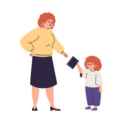 This vector illustration shows a mother taking a tablet from her little daughter