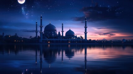 Fototapeta premium Mosque with minarets reflected in a calm lake under a starry sky.