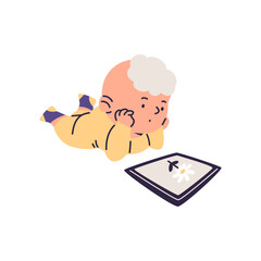 This illustration shows a little boy interacting with digital technology on a white background.