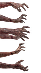 Set of zombie hands with a bloody wound. Zombie, devil, evil, satan, or monster hands isolated over...