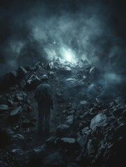 Fototapeta premium coal miner discovering a new element that is shining amongst a pile of coal cloudcore
