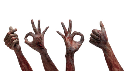 Set of zombie hands with a bloody wound in various hand gestures like thumb up and ok sign. Zombie,...