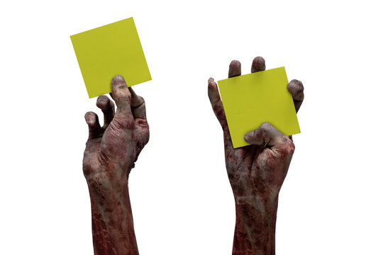 Two zombie hands with a bloody wound holding notes paper. Blank notes paper for copy space. Zombie, devil, evil, satan, or monster hands isolated over a white background