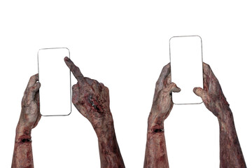 Two zombie hands with a bloody wound using a mobile phone or cell phone. Blank mobile phone screen...