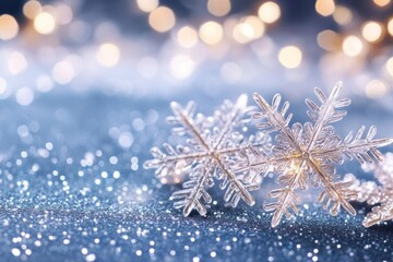 Beautiful snowflakes on a sparkling surface, perfect for winter and holiday themed designs. Capture the essence of the season.