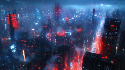 Futuristic city skyline with rain. Perfect for cyberpunk, sci-fi, and urban backgrounds.