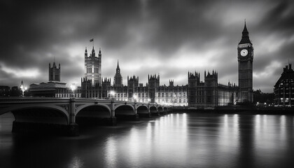 Fototapeta premium A black-and-white photo of a famous city skyline or iconic landmark, evoking a timeless, classic look