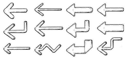 set different types arrow neon pointing way sign light colorful symbol isolated on white background