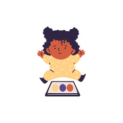 Vector illustration of a little girl is playing an educational app on a tablet