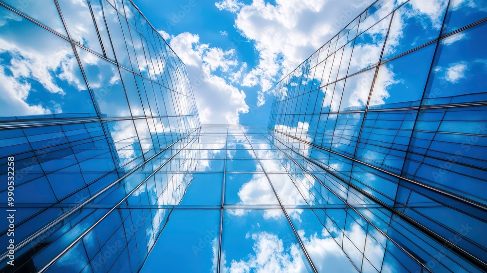 Poster low angle view of a modern glass building with a blue sky and clouds reflected in the windows.