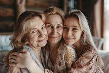 Fototapeta premium Women Family Portrait: Beautiful Aged Caucasian Women Bonding with Cute Children in Multi-Generational Family Photo