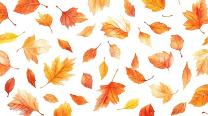 Obraz premium Watercolor painting of autumn leaves in various shades of yellow, orange, and red, on a white background.