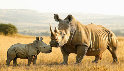 Fototapeta premium Mother and baby white rhino standing in african savanna