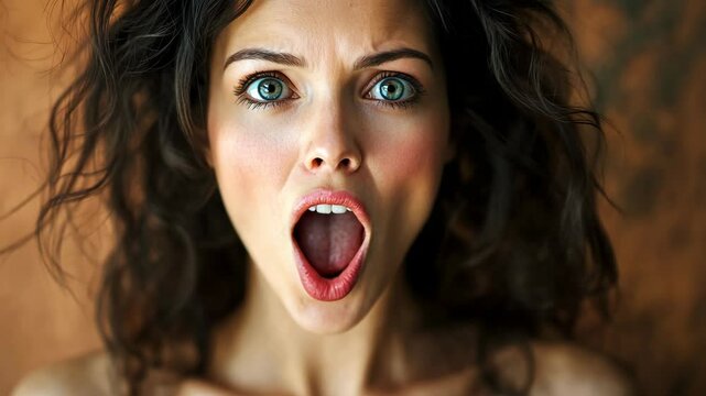 A woman with dark, curly hair stares into the camera with a shocked expression