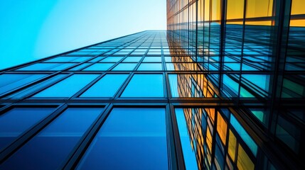 A close-up of a skyscraper mirrored windows, reflecting the cityscape and creating abstract geometric shapes.