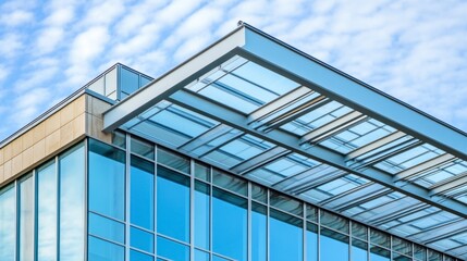Obraz premium A close-up of a steel and glass building angular roof design, emphasizing its modern architectural style.