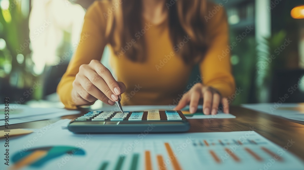 Poster woman using a calculator to analyze financial data at a desk filled with charts and graphs in a well