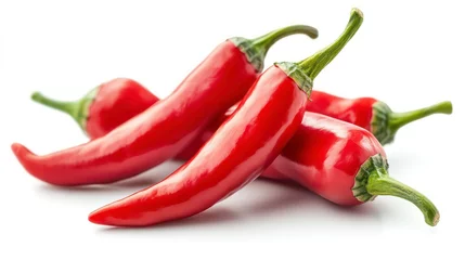 Three glossy red chili peppers with green stems on a white background.
