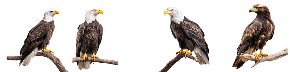 Obraz premium Eagles perched on branches, showcasing their majestic presence against a white isolated background.