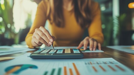 Obraz premium Woman using a calculator to analyze financial data at a desk filled with charts and graphs in a well-lit workspace
