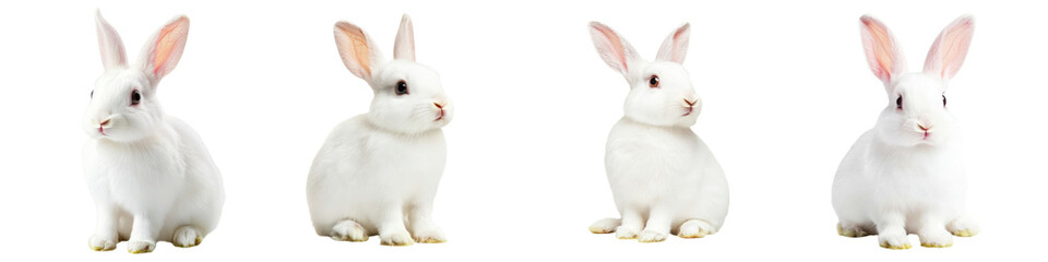 Four adorable white rabbits on a white isolated background, showcasing their playful nature and fluffy fur.