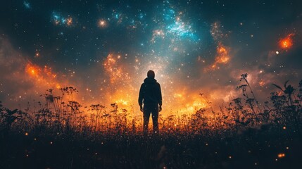 Fototapeta premium Awe-Inspiring Cosmic View with Silhouette of a Person