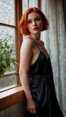 Fototapeta premium Elegant Redhead Woman in Black Silk Dress Posing by a Window with Natural Light