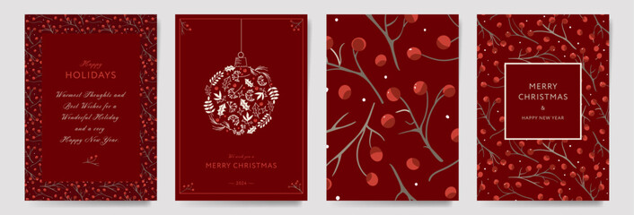 Set of Christmas Corporate Holiday cards with floral berry ornate frames, background and copy space. Universal artistic templates, vector illustration