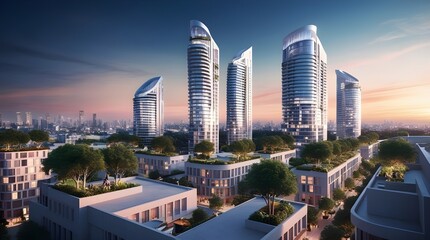 Fototapeta premium A bustling cityscape with high-rise buildings and trees, highlighting the harmony between urban and natural environments.