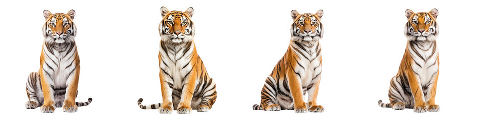 Four tigers in various poses, showcasing their majestic features and vibrant fur, isolated on white background.