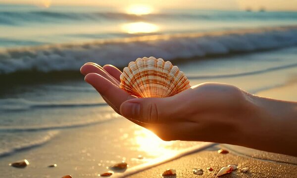 A hand holding a shell on a beach Video