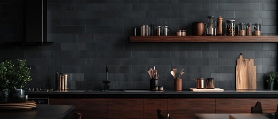 kitchen setup with dark tiles frontal shot