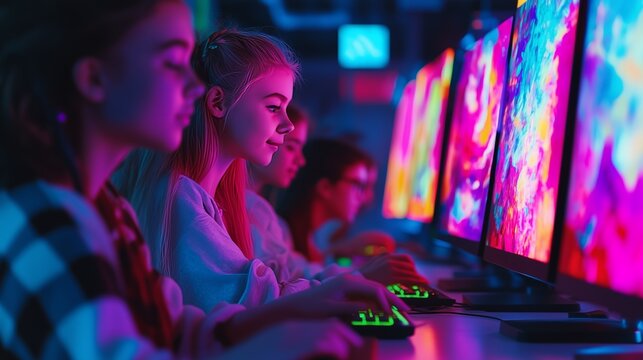 Group of teenagers focused on playing video games in a vividly lit neon gaming caf? or LAN party environment.