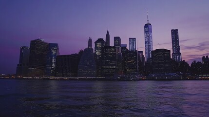 Obraz premium A view of the New York City skyline at night with the Freedom Tower illuminated.
