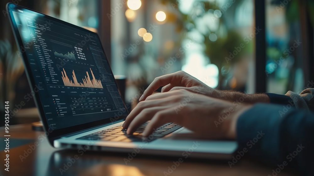 Poster person analyzing data on a laptop in a modern cafe during the day while surrounded by greenery