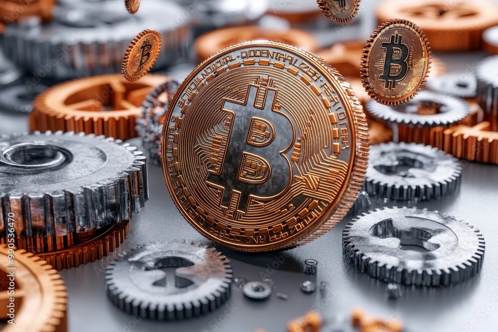 Poster a digital coin surrounded by interconnected gears symbolizing the mechanics of blockchain technology