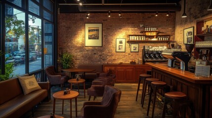 A cozy coffee shop interior with exposed brick walls, wooden furniture, and warm ambient lighting.