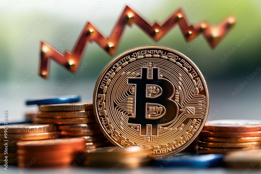 Poster a digital coin with abstract arrows pointing upward symbolizing the growth and potential of cryptocu