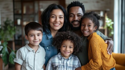 Fototapeta premium A cheerful family of five smiling together inside their cozy home, exuding warmth and love.