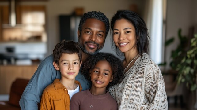 A cheerful multi-ethnic family of four smiling together inside their cozy home, conveying warmth and happiness.