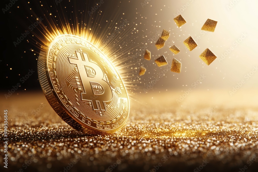 Poster a digital coin with rays of light emanating from it symbolizing the influence and growth of cryptocu