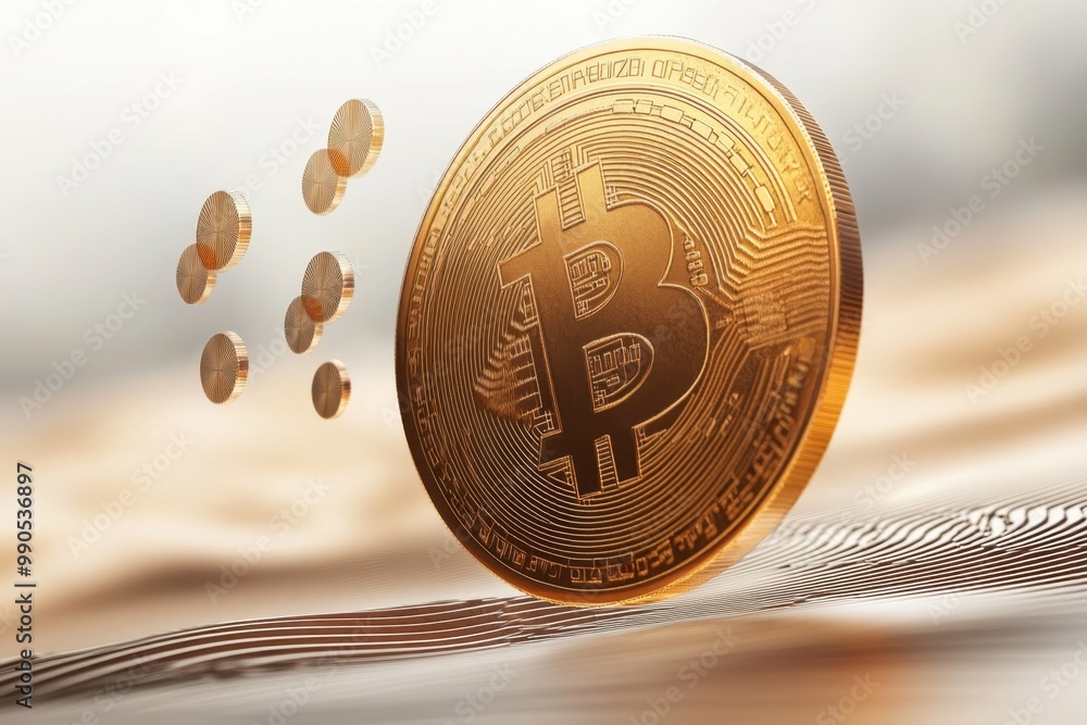 Poster a digital coin with waves emanating from it symbolizing the ripple effects of cryptocurrency on glob