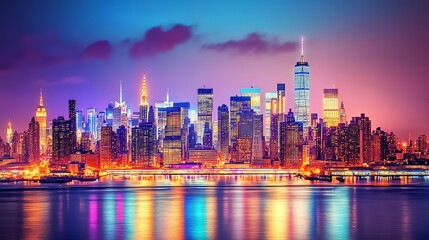 Fototapeta premium A panoramic view of the New York City skyline at dusk.