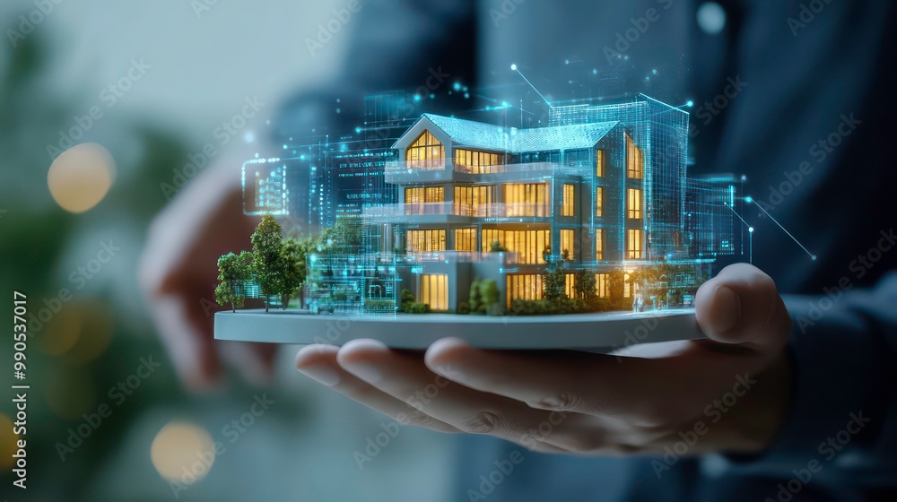 Poster Man holding a 3D model of a house with digital lines and data.