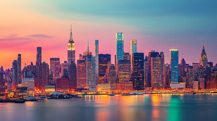 Naklejka premium A panoramic view of the New York City skyline at dusk.