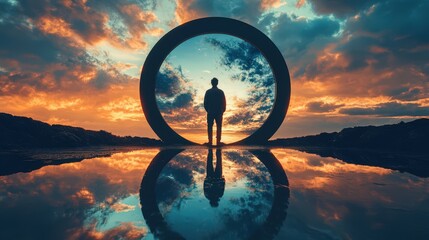 Man Silhouetted Against Dramatic Circular Landscape