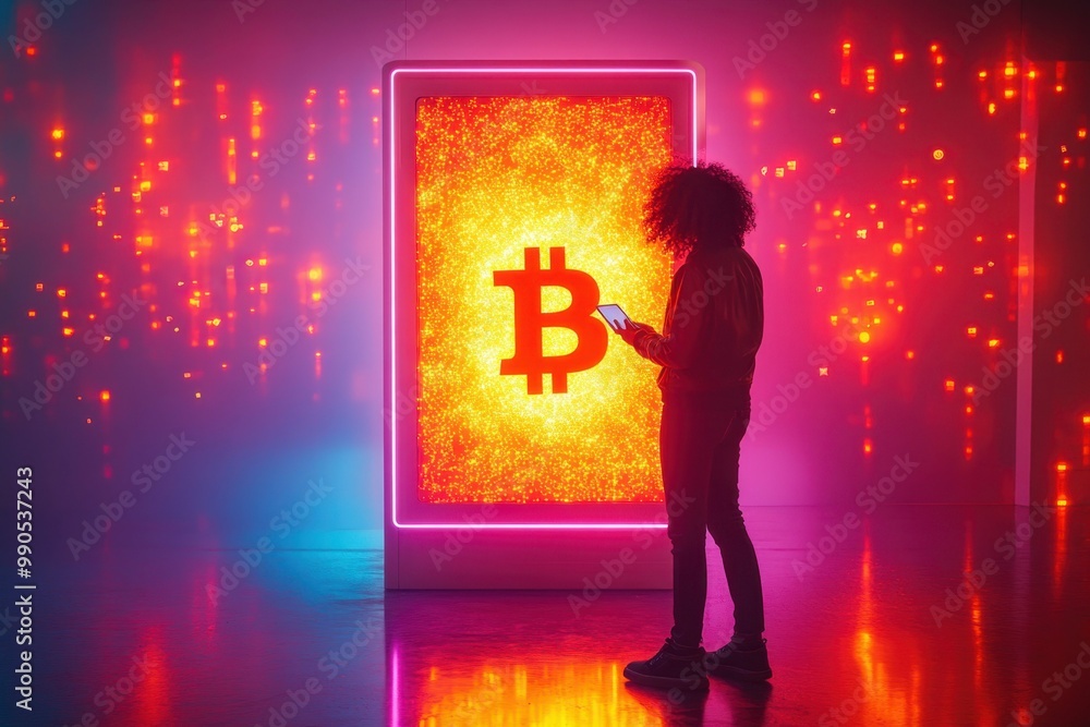 Aufkleber a person with a smartphone in hand standing in front of an atm-like machine that glows with digital 