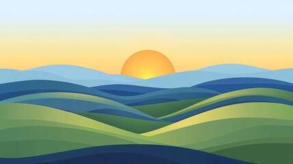 Obraz premium A minimalistic illustration of a sunset over rolling hills, with a bright yellow sun.